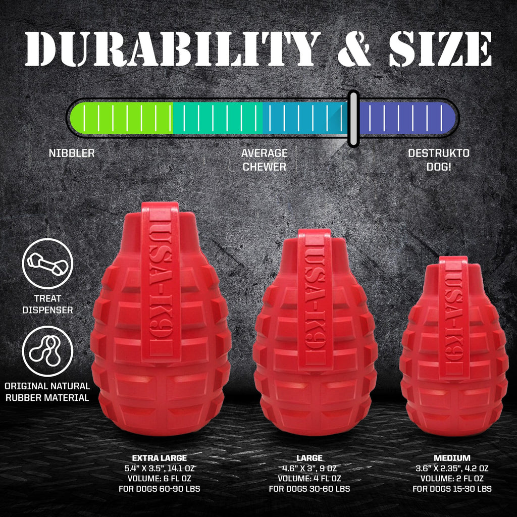 USA-K9 Grenade Rubber Dog Chew Toy | K9 Handler Reward Toy | Red & Blue | USA Made
